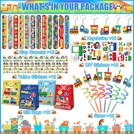 Erweicet Train Party Favors 72PCS Slap Bracelets DIY Stickers Temporary Tattoos Keychains Plastic Straws Gift Bags for Kids Car Theme Birthday Party Baby Shower