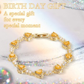 Birthstone Bracelets for Women 925 Sterling Silver Heart Charm Created Gemstone Cubic Zirconia Bangle Tennis Bracelet Jewelry Anniversary Birthday for Mom Wife (GS-AX-YELLOW)