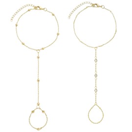 Hand Chain Bracelets for Women 14K Gold Dainty Trendy Cubic Zircon Finger Ring Bracelet Jewelry Accessories Gifts (Bead+Cubic Zirconia)