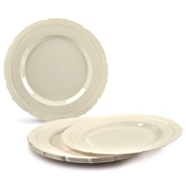 OCCASIONS 560pcs set (80 Guests)-Heavyweight Wedding Party Disposable Plastic Plate Set-80 x 11'' + 80 x 7'' + Gold Silverware + Cups + Napkins (Chateau in Ivory)