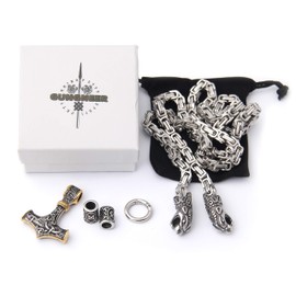 GUNGNEER Viking Mjolnir Thor Hammer Necklace Mixed Gold Pendant With Square Fenrir Wolf Byzantine King Chain Mixed Gold Stainless Steel Norse Viking Jewelry Men