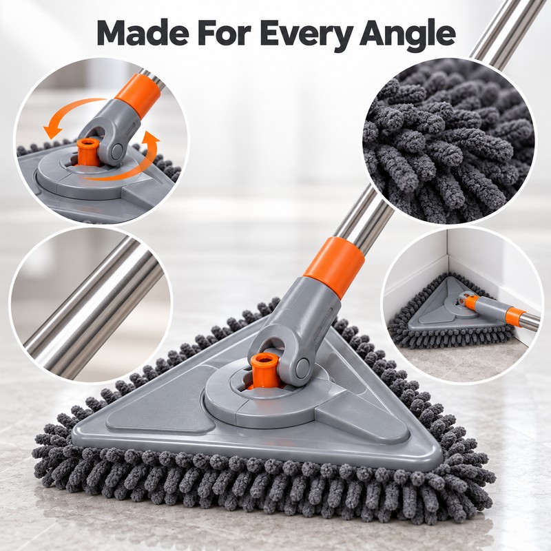 Long Handle Triangle Mop – 360° Rotating Microfiber Wall &