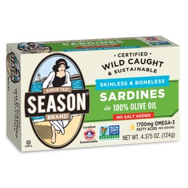 Season Sardines in Olive Oil – Skinless & Boneless, No Salt Added, Wild Caught, 22g of Protein, Keto Snacks, More Omega 3's Than Tuna, Kosher, High in Calcium, Canned Sardines – 4.37 Oz Tins, 6-Pack