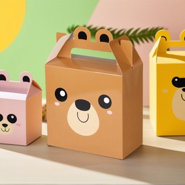 VELATYVIO 12 Pcs Bear treat boxes party favors 5.9 x 3.15 x 5.9 Inch Bear baby shower party goody candy gift boxes with handles Brown bear theme party decoration for Kids Boy Girl Birthday Supplies