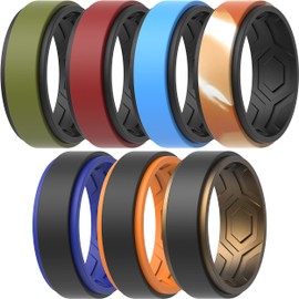 ThunderFit Anillos de boda para hombre, transpirable, borde de escalón, 2 capas, 10 mm de ancho, 2.3 mm de grosor, Negro, camuflaje, bronce oscuro, naranja-negro, negro-azul oscuro, negro-verde oliva, negro-rojo oscuro, negro-rojo oscuro, azul oscuro y n