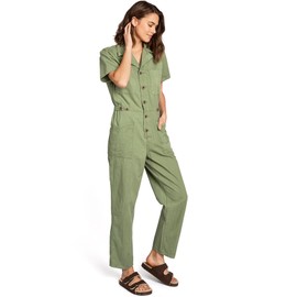 Lana Roux Womens Petite Aviator Utility Denim Jumpsuit (Olive, Small)