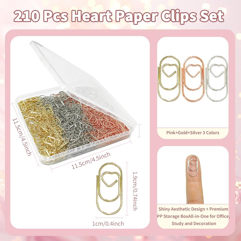 GUTE Heart Paper Clips 210Pcs 3 Colors Stainless Steel Office