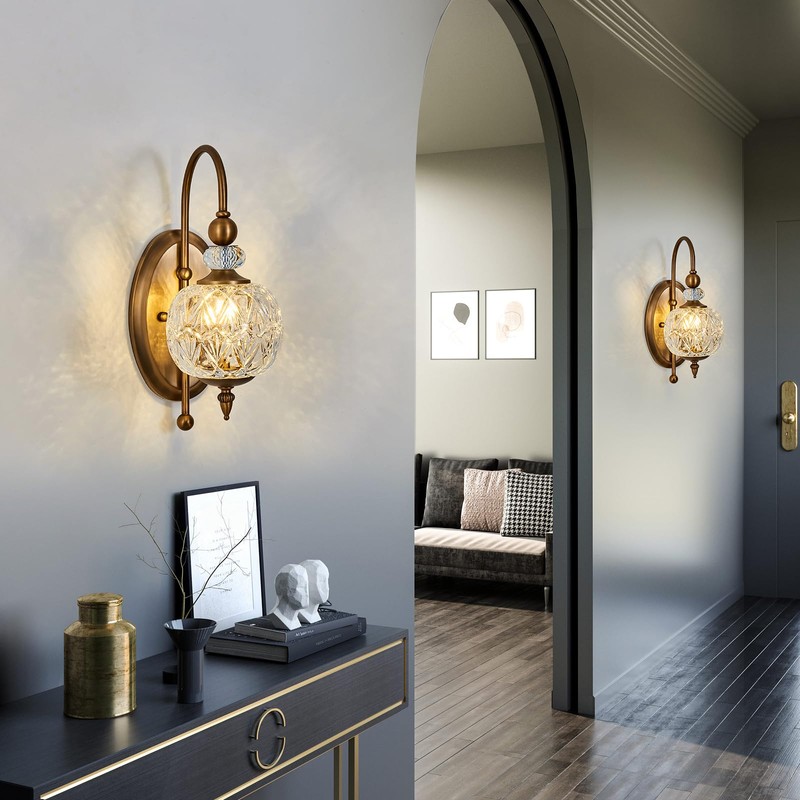 Piepooye Vintage Gold Wall Sconce with Glass Globe Shade Mid