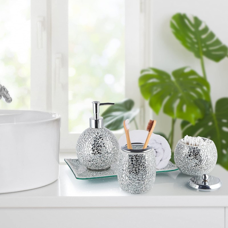 Sanbege 4 Pcs Mosaic Glass Bathroom Accessories Set, Modern Luxury