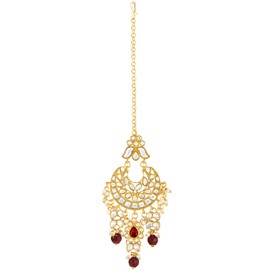 Aheli Gold Plated Maroon Kundan Choker Necklace Earrings Maang Tikka Jewellery Set Gift for Women
