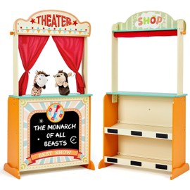 labebe - Deluxe Wooden Puppet Theater Bonus 2 Hand Puppet, ﻿2-in-1 Clock Theater Reversible Play Store, Double-Sided Lemonade Stand, Puppet Show Theater Toy with Chalkboard for Kids 36M+