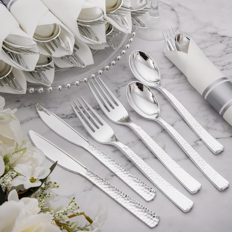 Supernal 60 Pack Pre-Rolled Silver Plastic Cutlery Heavy Duty Wrapped