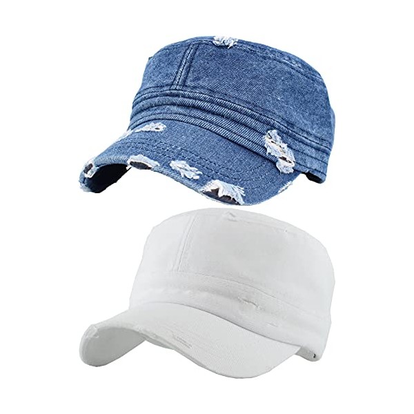 Funky Junque Distressed Military Style Army Cadet Hat Bundle - White, DK Denim (2 Pack)