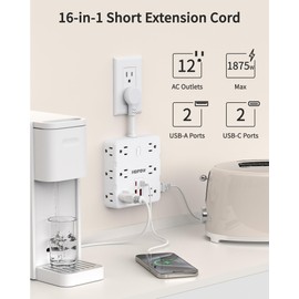 HOPOW Short Extension Cord 4 Inch, Flat Plug Small Power Strip with 12 AC & 4 USB(2 USB-C), 1875W/15A, 1700J Multiple Compact Surge Protector, Wall Outlet Extender for Home Office Travel, White