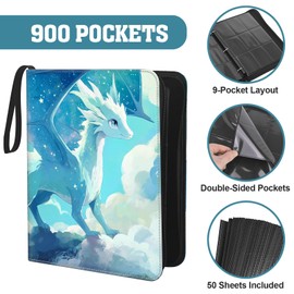 9 Pocket Trading Card Binder, Zippered 3 Ring Binder with PU Leather Cover, Holds 900 Cards with Removable Sleeves for MTG, TCG and Sports Cards, Teal Cloud Dragon