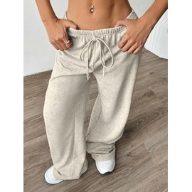 SHENHE Women's Low Rise Loose Sweatpants Y2k Elastic Waist Wide Leg Lounge Sweat Pants Light Grey Large