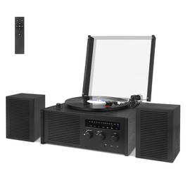 LUXSWAY Vinyl Record Player, Turntable with Bluetooth Input & Output, Vinyl Record Player with Bookshelf Speakers, Belt Drive 2-Speed, USB Encoding, FM Radio, Remote Control, Black Wood