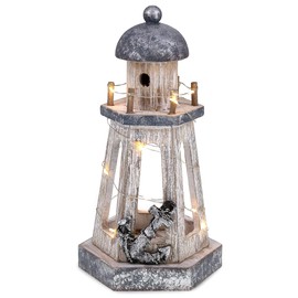 CoTa Global Silver Sea Nautical Wooden Lantern Lighthouse With LED Lights - Table Top Centerpiece Coastal Decor For Home, Beach House, Rustic Decorative Lamp with Boat Anchor - Handmade Color May Vary