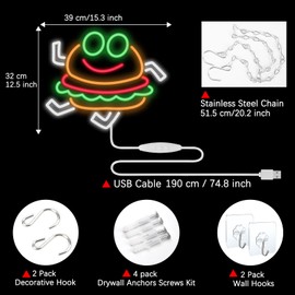 Babymiu Funny Hamburger Meme Led Lamp Neon Sign Restaurant Room Decor. Cute Gifts Merch Party Supplies for Sign Wall Decoration Acrylic USB Powered Unique Night Light Living Kids Room Shop Bar