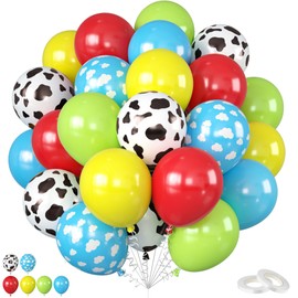 Blue Cloud Yellow Red Balloons, 12 Inch Cow Pattern Sky Blue Cloud Balloons, Red Yellow Fruit Green Latex Balloons for Kids Boys Girls Farm Toy Themed Birthday Baby Shower Party Decorations