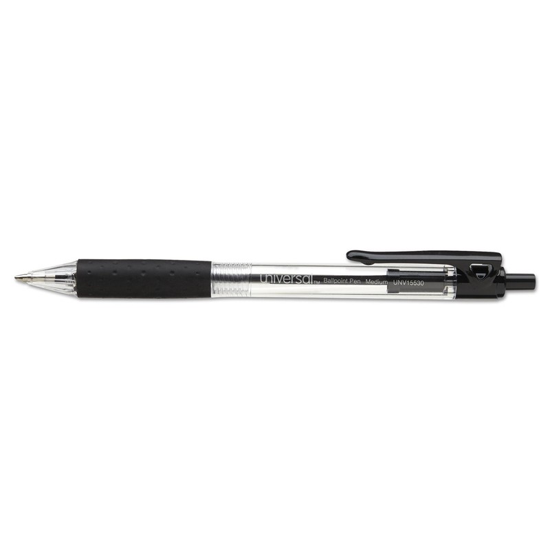 Universal 15530 Economy Retractable Ballpoint Pen, Black Ink, Clear, 1mm,