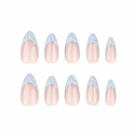 BABALAL French Tip Press on Nails Medium Almond Fake Nails Blue Glue ons Nails 3D Water Ripple Design Acrylic Nails 24Pcs Almond Full Cover False Nails