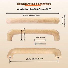 Piuluvor® Pack of 4 Cabinet Handles Wooden Furniture Handles 128 mm Hole Spacing Wooden Door Handles Kitchen Handles Furniture Kitchen Handles Wood Cabinet Handle Bar Handle Drawer Handles