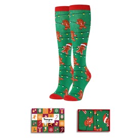 HAPPYPOP Funny Christmas Knee High Socks for Women Girls, Holiday Socks Gingerbread Socks, Stocking Stuffers Christmas Gifts