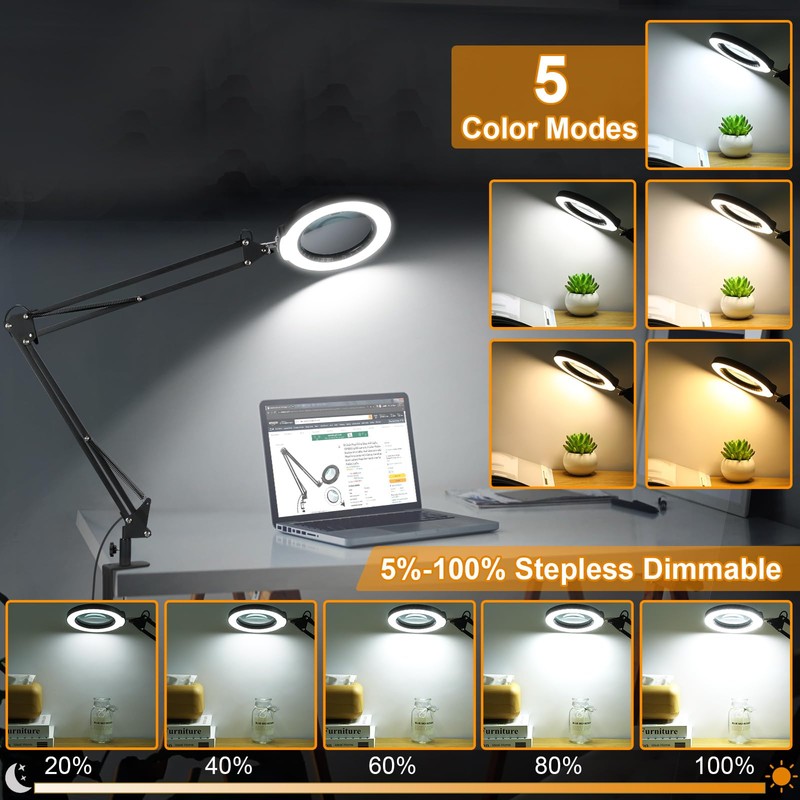 12X Large Magnifying Glass with Light and Clamp, Real Glass,
