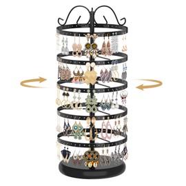 MODOWEY Rotating Earring Holder Organizer Stand, 5 Tier Metal Tree Display for Women Vendors, 220 Holes Adjustable Jewelry rack for Stud Hoop Dangle Storage, Trendy Carousel Keeps Dresser Neat, Black