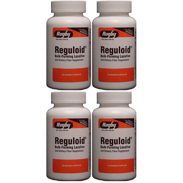 Reguloid Psyllium Husk Natural Vegetable Bulk Forming Laxative Fiber Supplement Capsules Therapy for Regularity Generic for Metamucil 160 Capsules per Bottle PACK of 4 Total 640 Caps.