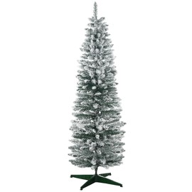 HOMCOM 6' Snow Flocked Artificial Pencil Christmas Tree, Slim Xmas Tree with Realistic Branches and Plastic Base Stand for Indoor Decoration, Green