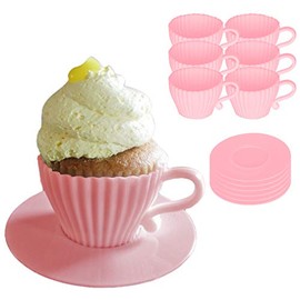 Evelots Baking Cupcake Teacup Set-Oven Safe Silicone-W/Saucers-2 Colors-Set/12