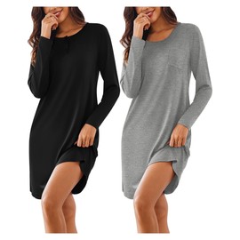 Ekouaer 2 Pack Women's Long Sleeve Nightgowns Sleep Shirts Button Down Night Shirts House Dresses Ladies Night Dress Black,grey