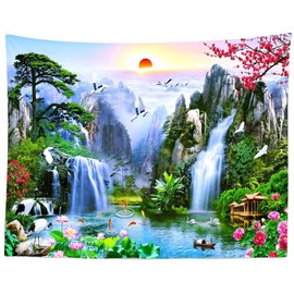 BELECO Fairyland Mountain Lake Tapestry Waterfalls Landscape Painting Nature Tapestry Paradise Tapestry Japanese Tapestry Wall Hanging Aesthetic Bedroom Living Room Dorm Decor 80x60 Inches
