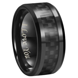 6mm 8mm 10mm Black Carbon Fiber Black Tungsten Carbide Wedding Band Ring Engraved I Love You Men Women (10mm,10)