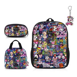 Tokidoki Backpack Set Casual Backpack with Unicorno Keychain Cute Laptop Bag Insulated Lunch Bag (purple)