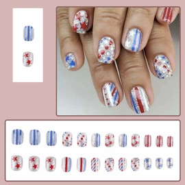 ONPRESS 24Pcs 4th of July Press on Nails Short Square Fake Nails with Colorful Dots Design Independent Day Silver Glitter False Nails Red Blue White Line Star Full Cover Glossy Glue on Nails for Women