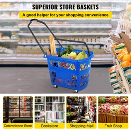 Mophorn 6PCS Shopping Carts, Blue Shopping Baskets with Handles, Plastic Rolling Shopping Basket with Wheels, Portable Shopping Basket Set for Retail Store