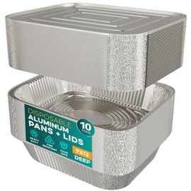 Sartenes de aluminio con tapas de 9 x 13 pulgadas [10 juegos] bandejas de aluminio con tapas, sartenes desechables de papel de aluminio de tamaño medio para hornear, asar, servir pasteles, suministros