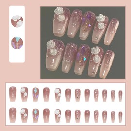 Set of 24 Nail Tips Bud Flower Decoration Line Square Nail