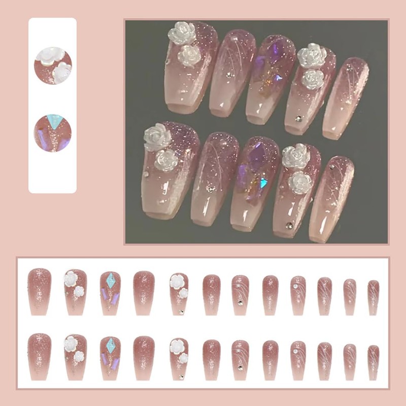 Set of 24 Nail Tips Bud Flower Decoration Line Square