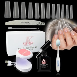 Nail Tips and Glue Gel Kit, 420 Pieces Coffin Ballerina Tips for Gel Nails with Guidelines, Multiple Shapes Almond Square Nail Tips for Gel Nails, Gel Nail X Extension Set and Nail Glue with UV Lamp