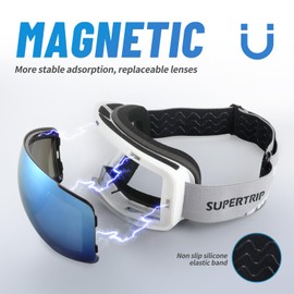 Supertrip Adult Ski Goggles, Interchangeable Lens Anti-Fog Snow Snowboard Goggles for Men Women Youth (White frame blue+Blue lens)