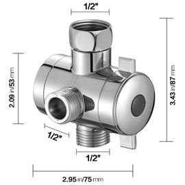 Zhuatek 3-Wege-Dusch-Umstellventil, G1/2 Zoll T-Adapter Ventilanschluss, Messing für Badewanne und WC, Drei-Wege-Trennlöcher passen auf viele Wasserhahn-Aufsätze (Silber)