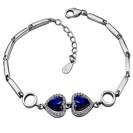Meyiert Women Double Heart Bracelet 925 Sterling Silver Cubic Zirconia Lobster Clasp 19cm. (Blue)
