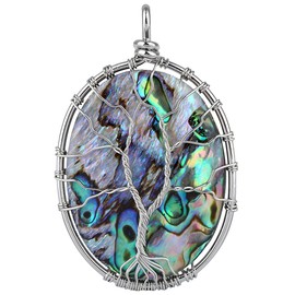 SUNYIK Oval Abalone Shell Stone Pendant Necklace,Silver Plated Wire Wrapped Jewelry