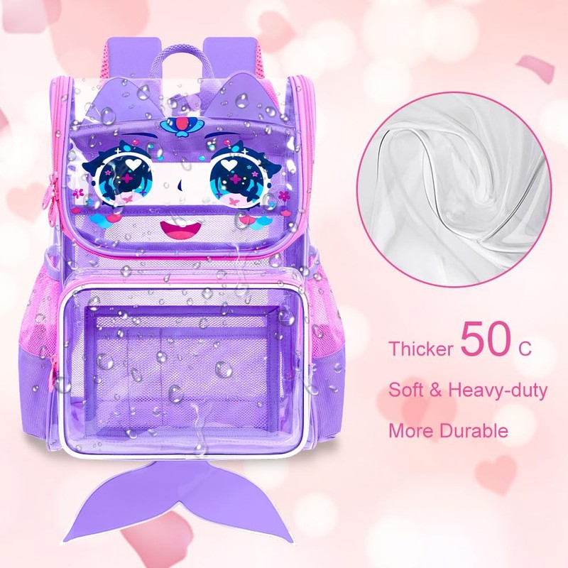 KLFVB 3PCS Girls Clear Bookbag, 15" Mermaid Transparent Backpack for
