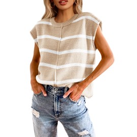 Saodimallsu Womens Cap Sleeve Tank Tops Striped Crew Neck Casual Loose Fit Spring Summer Pullover Knit Sweater Vest Khaki