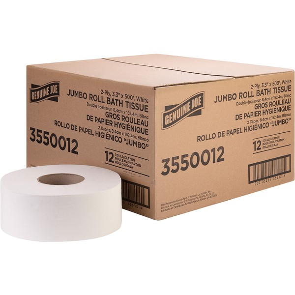 Genuine Joe Jumbo Roll Bath Tissue, 2-Ply, 3.3" x 500',